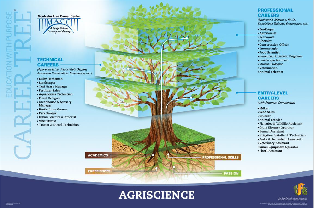 A picture of the agriscience career tree showing jobs in entry level, technical, and professional areas.