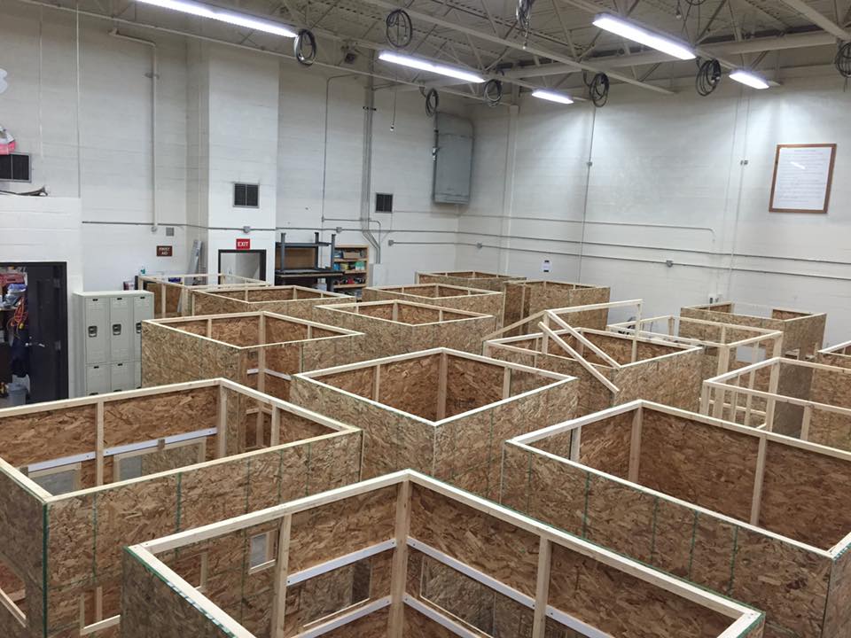 A view of several of the deer blinds in progress in the construction lab.