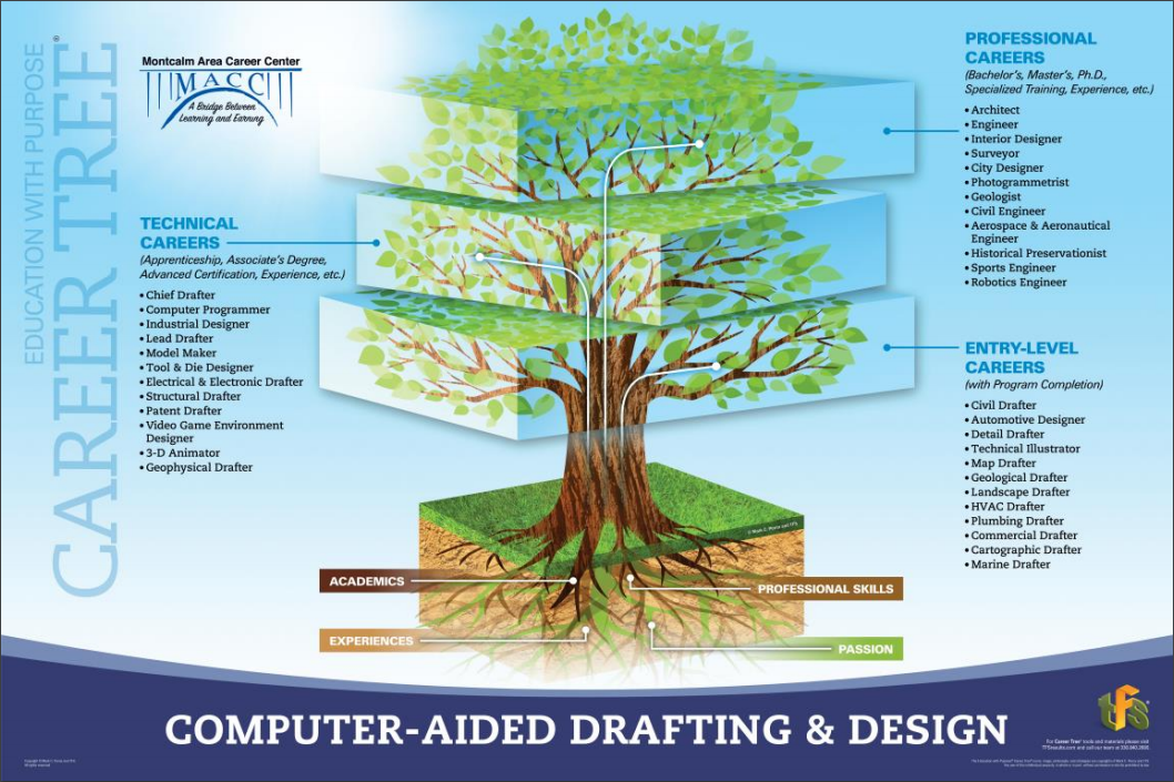 A picture of the CADD career tree showing jobs in entry level, technical, and professional areas.