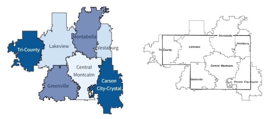 Picture of school district maps with Montcalm County overlay